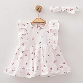 MOR ÇİÇEKLİ FIRFIRLI ELBİSE 6-24 AY