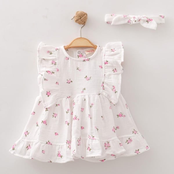 MOR ÇİÇEKLİ FIRFIRLI ELBİSE 6-24 AY